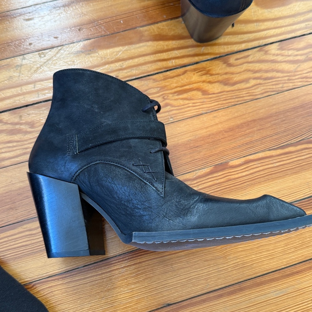 John Fluevog Black Heeled Boots with Ornate Silver Buckle - Picture 7 of 8